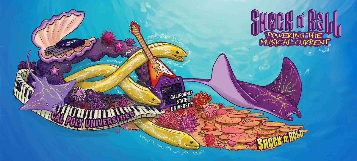 Cal Poly’s 75th Rose Parade float is called “Shock n’ Roll: Powering the Musical Current” and features eels and manta rays playing instruments.