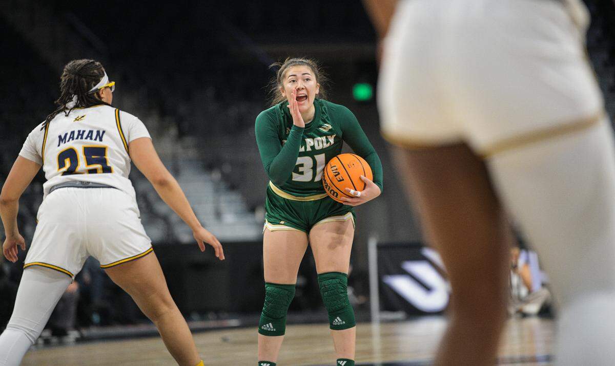 Ashley Hiraki yells directions in Cal Poly’s 59-54 loss to UC San Diego in the Big West basketball championships at Lee’s Family Forum in Henderson, Nevada, on March 13, 2025.