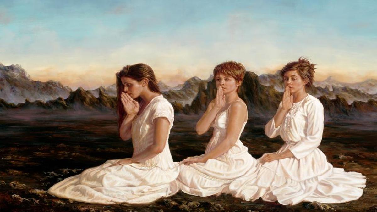 “Three seated women” is part of Leslie Balleweg’s oil painting exhibit on display at Frame Works in San Luis Obispo.
