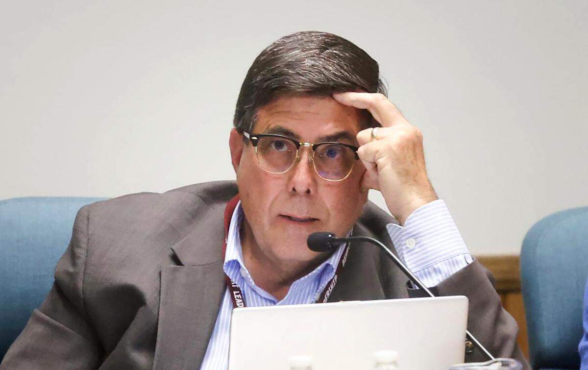 Trustee Chris Bausch asks a question during a Paso Robles Joint Unified School District Board meeting on June 22, 2021, regarding a resolution to ban teaching of critical race theory at its schools.