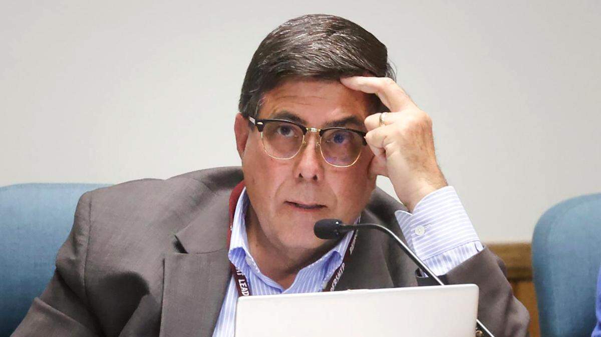 Trustee Chris Bausch asks a question during a Paso Robles Joint Unified School District Board meeting on June 22, 2021, regarding a resolution to ban teaching of critical race theory at its schools.