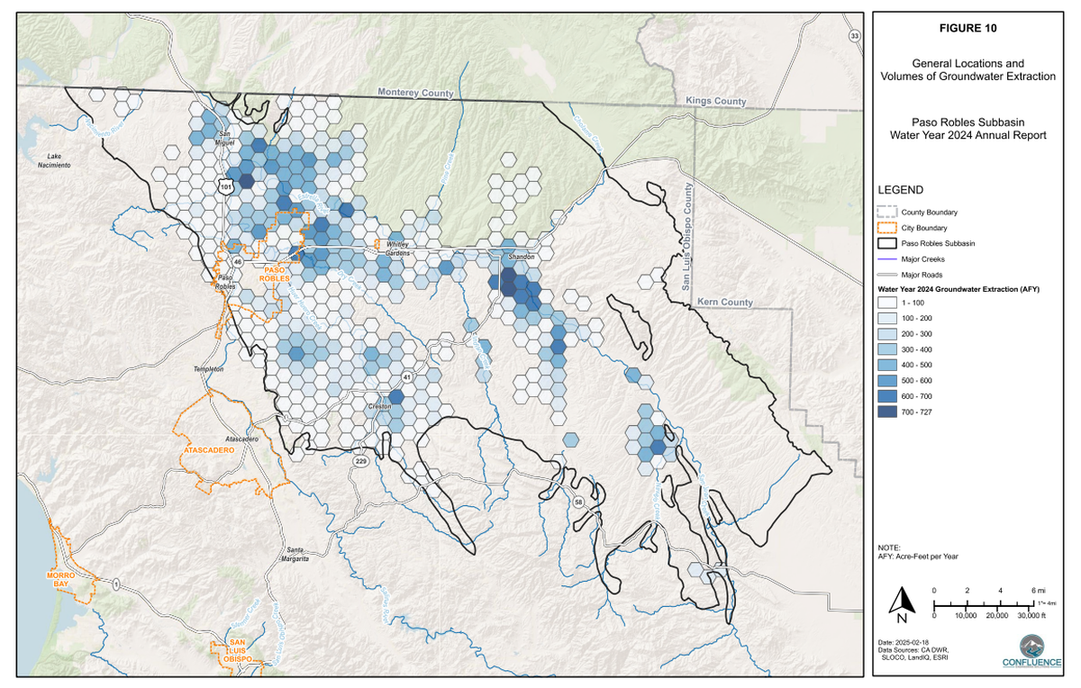 This map shows the volume of water pumped from each location in the Paso Robles Groundwater Basin in 2024. The darker colors indicate where the most water was extracted from.