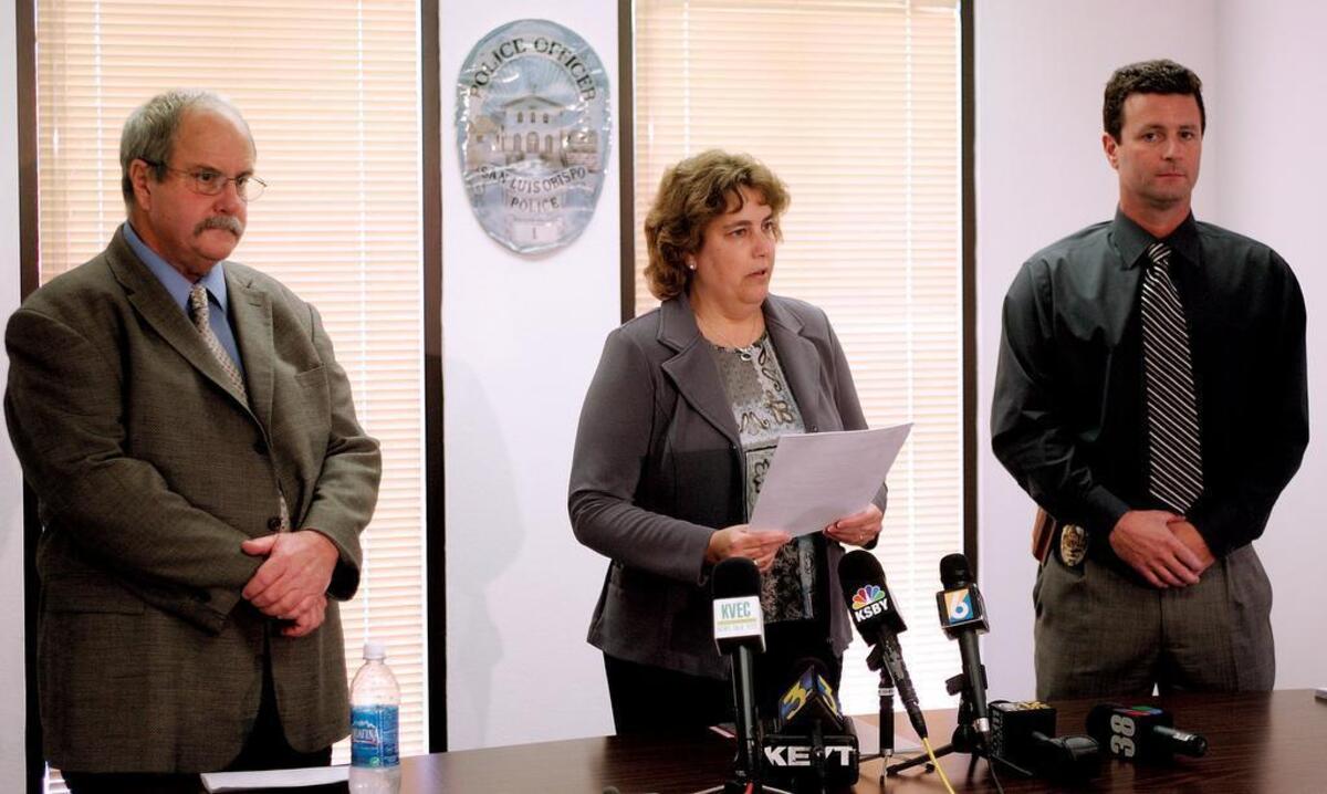 Former longtime San Luis Obispo policeman Bill Proll (right) was on hand when then police chief Deborah Linden announced the results of the John Rivard murder investigation in 2007.
