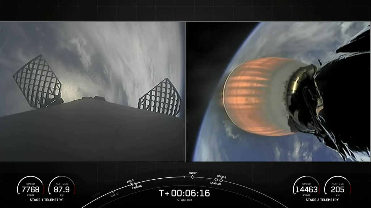 A SpaceX Falcon 9 rocket launches from Vandenberg Space Force Base on Friday, carrying 51 of the aerospace company’s Starlink satellites into orbit. At left, the booster stage descends back to Earth while at right, the rocket carries its payload into orbit.