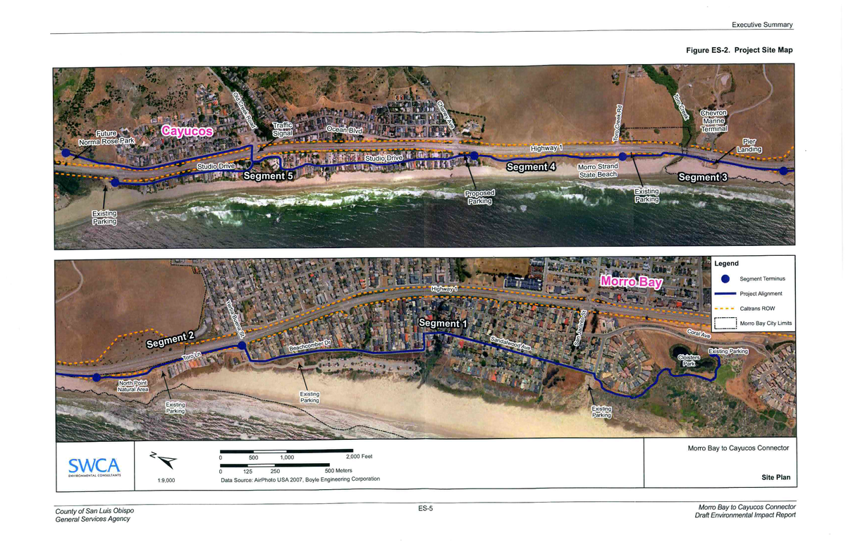 Toro Lane, the subject of a lawsuit filed in December against the county, city of Morro Bay and California Coastal Commission, is shown in Segment 2 of this county project map. The project would create a connector trail between Cayucos and Morro Bay, with one trail section being on the narrow residential lane.