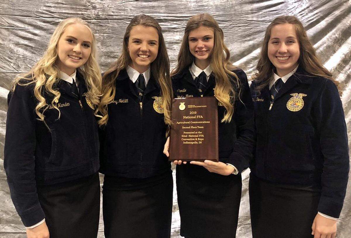 From left to right, San Luis Obispo High School agriculture communication team members are&nbsp;Bella Marden, Avery Noblitt, Camille Rowlands-Rees, and Allison Dierks. 