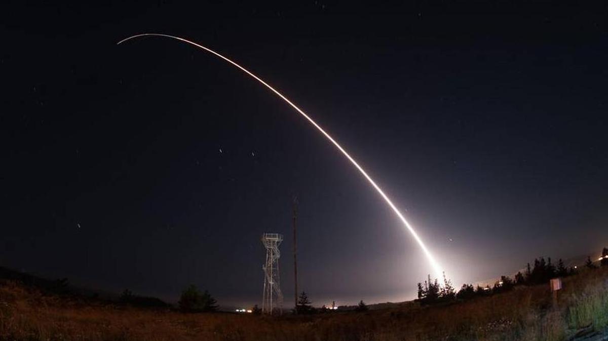 A Minuteman III missile heads skyward from Vandenberg Air Force Base in northern Santa Barbara County during a test launch of the weapon system early Wednesday, April 26, 2017. U.S. Air Force photo