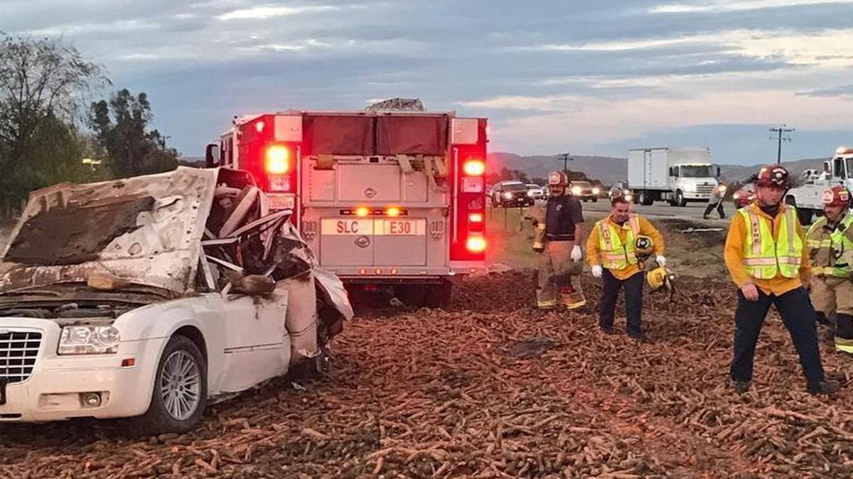 A big rig collided with a Chrysler sedan near the intersection of Highway 101 and Wellsona Road south of San Miguel on Friday. Carrots were spilled onto the side of the road.