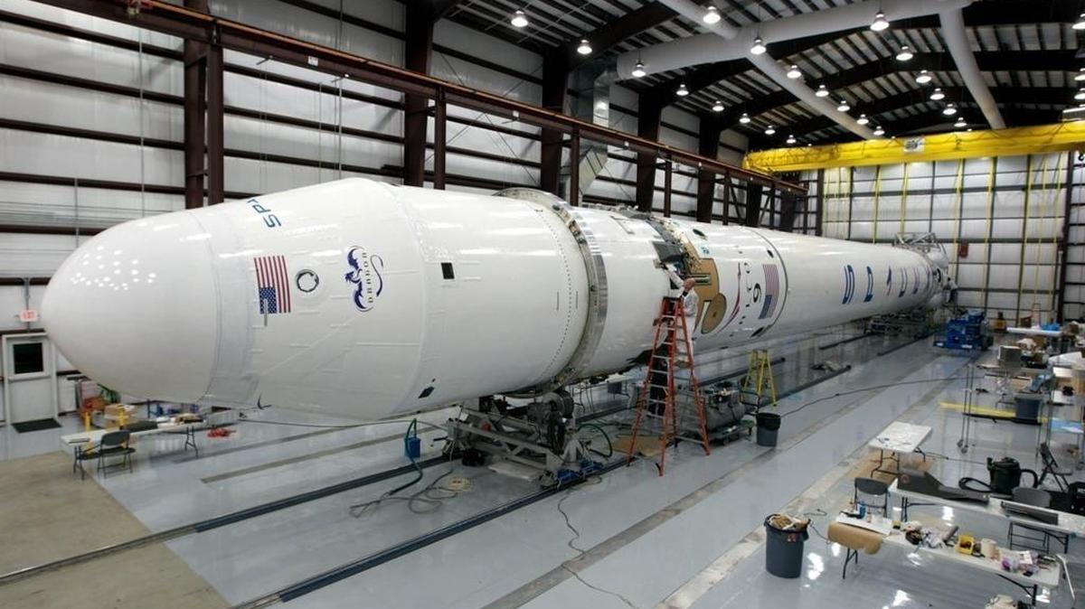 A Falcon 9 rocket seen in the hangar at SpaceX’s Cape Canaveral launch site in Florida in February 2010.