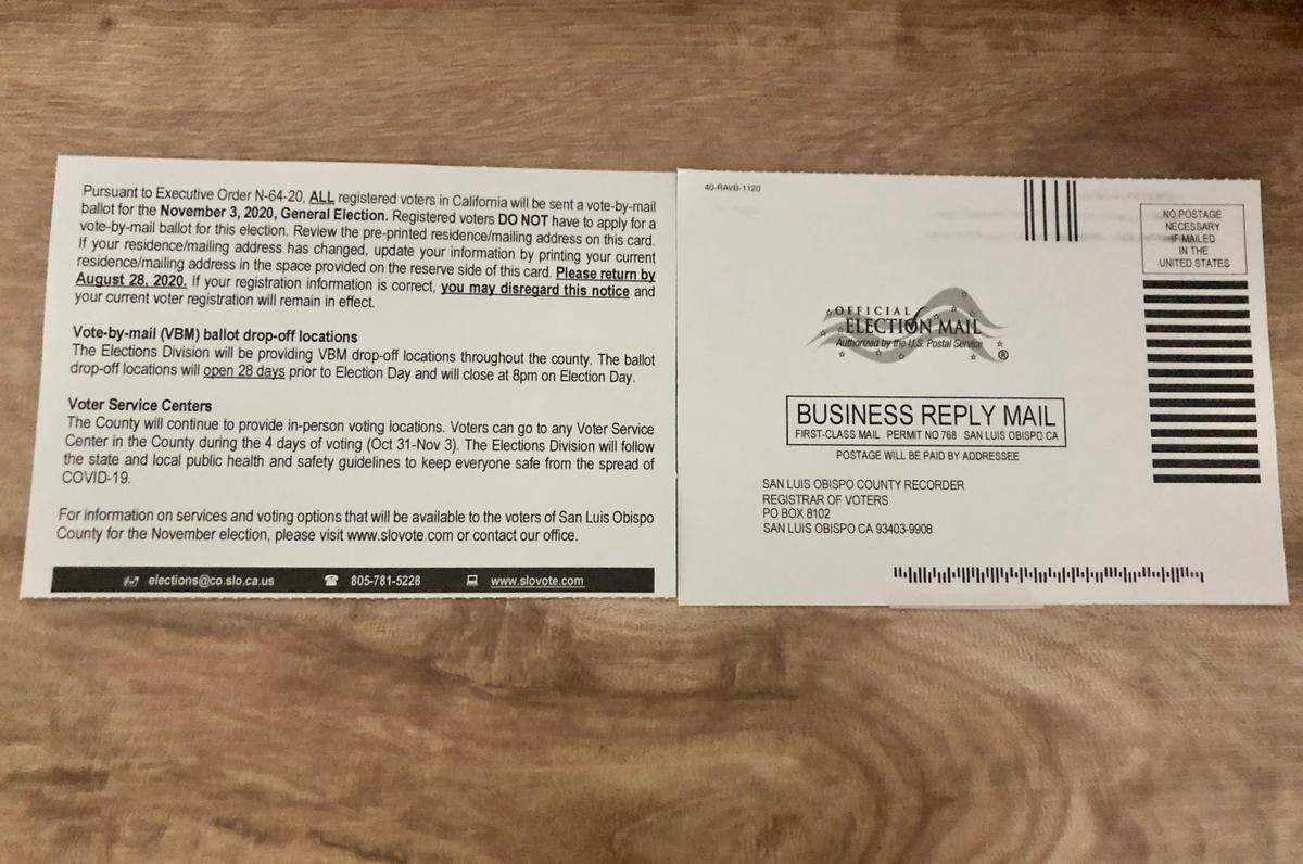The San Luis Obispo County Clerk-Recorder’s Office sent post cards to all registered voters asking them to return the cards with their addresses if they’ve changed since the last election. If the address on the card is where the voter would like to receive their ballot, they can throw it away.