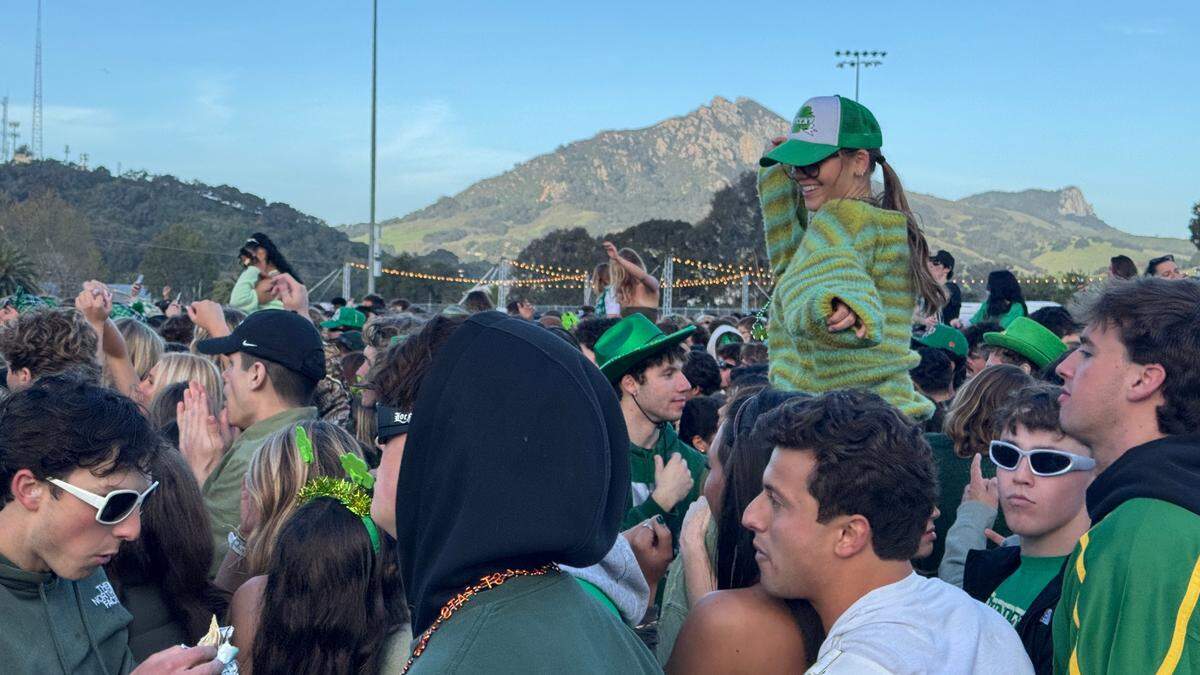 Students dance at Cal Poly’s “Morning on the Green” music festival — its alternative to St. Fratty’s Day in the streets — on March 15, 2025.