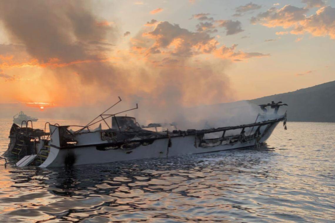 090219-Conception-Dive-Boat-Fire-2-vcfd-1000x667.jpg The burned-out hull of the Santa Barbara-based Conception dive boat shortly before it sank Monday near Santa Cruz Island. Eight bodies have been found, and 26 people are missing or feared dead.