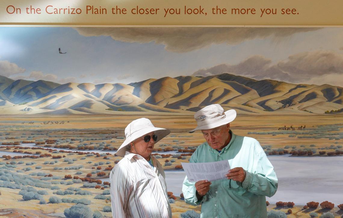 Sharon Brossier and Jim Peirce visit the Goodwin Education Center in the Carrizo Plain National Monument. The couple has traveled California admiring the unfolding super bloom this year, including the vibrant wildflowers along Soda Lake Road.