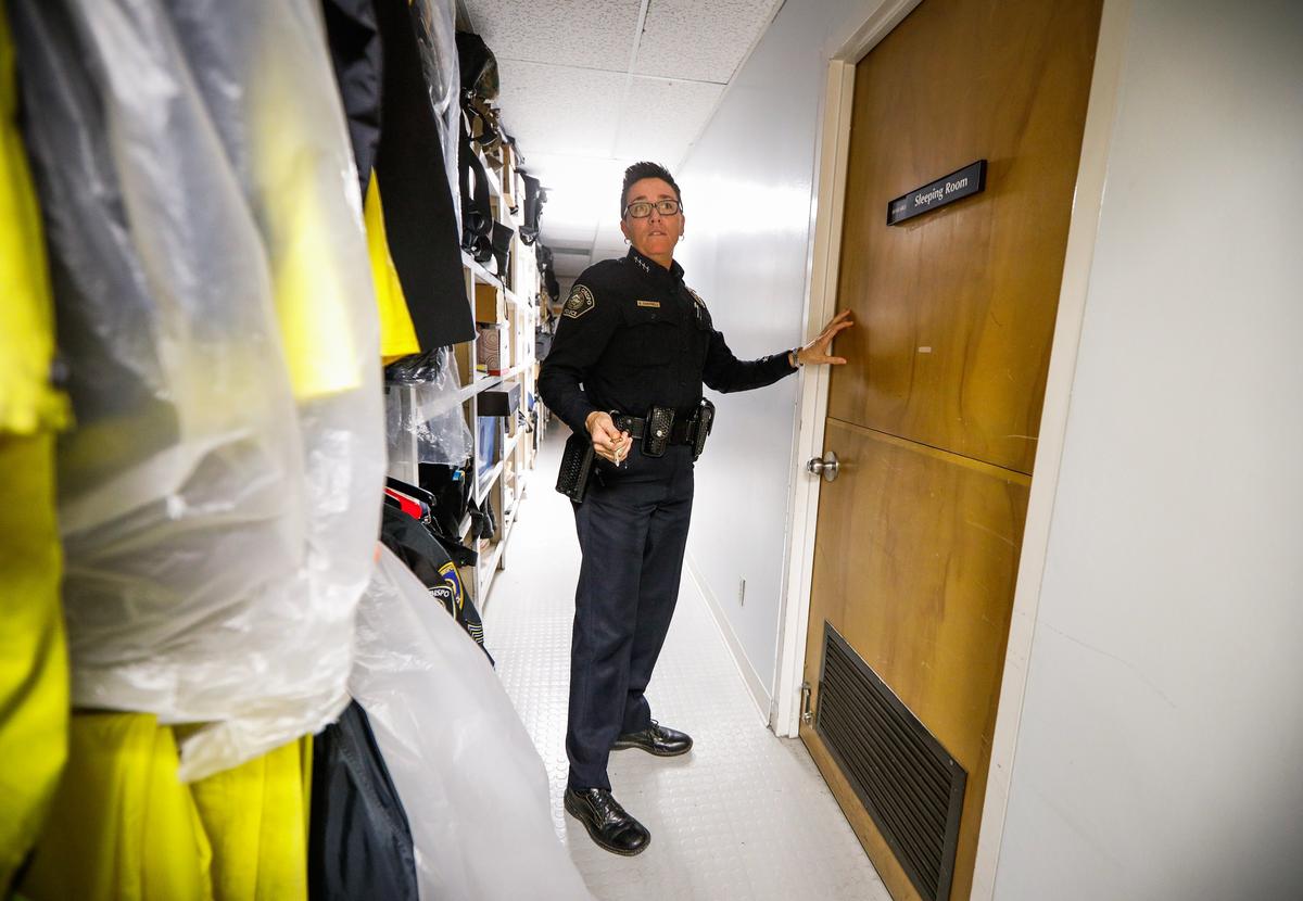 The city of San Luis Obispo’s police station is in a state of disrepair, and needs replacement, according to Police Chief Deanna Cantrell. Here, Cantrell points out the “sleeping room.”