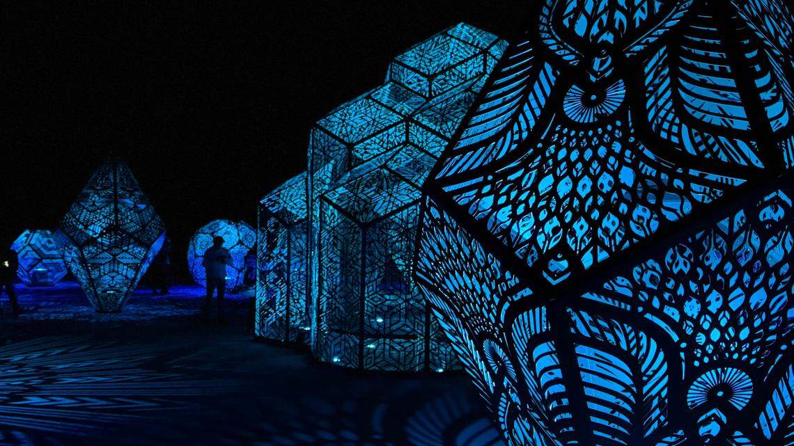 The DIMENSIONS exhibit at Sensorio in Paso Robles features a collection of illuminated geometric sculptures, seen here on May 23, 2024. It was created by the artist duo HYBYCOZO.