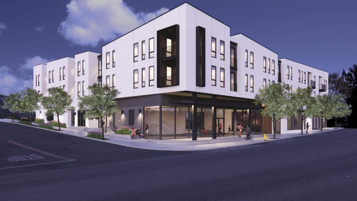 A new mixed-use development is underway in San Luis Obispo that will bring housing and retail options to the Broad Street area. The rendering shows the project at 2800 Broad St, which will feature two stories of residential living units over retail spaces at the street level.