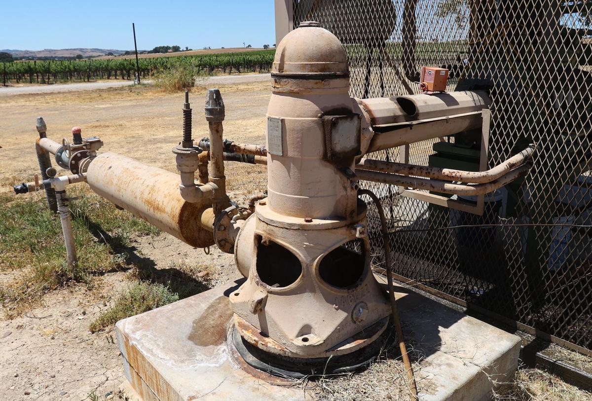 A groundwater well at Plummer Vineyard pumps water from the Paso Robles basin to irrigate 67 acres of wine grapes. The vineyard, located off Airport Road on the east side of Paso Robles, is using a well monitor to collect data on water levels.