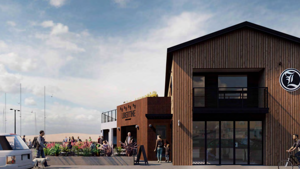 A rendering shows the plan for a new Libertine Brewing Company building in Morro Bay. The old building will be demolished and replaced with a larger restaurant space and seven-unit hotel.