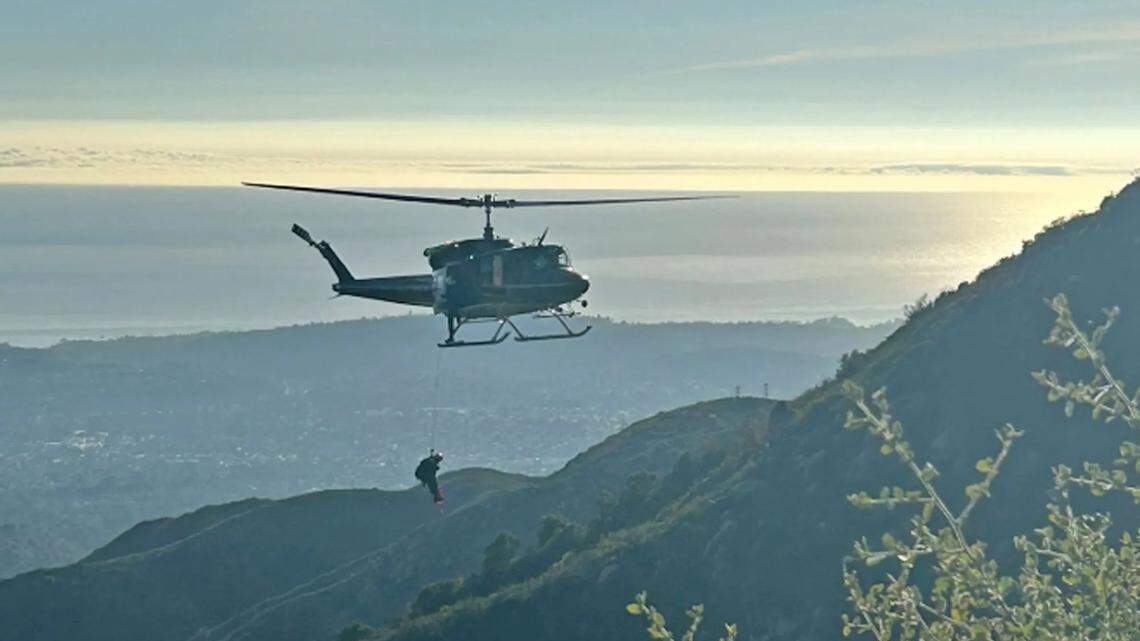 Two seriously injured men were hoisted into a county helicopter and taken to the hospital on Feb. 1, 2025, after their vehicle plunged over the side of Gibraltar Road in the mountains above Santa Barbara.
