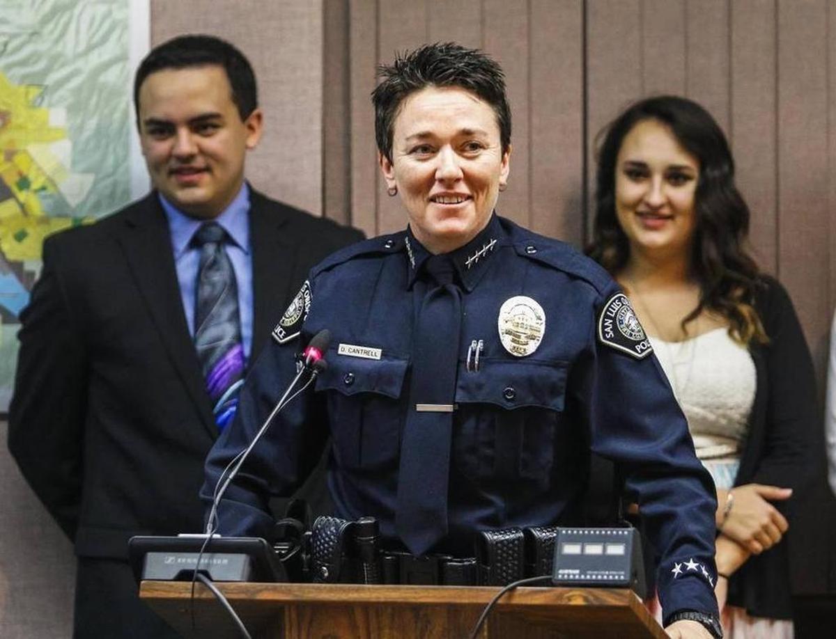 San Luis Obispo Police Chief Deanna Cantrell speaks after being sworn in at City Hall in 2016.
