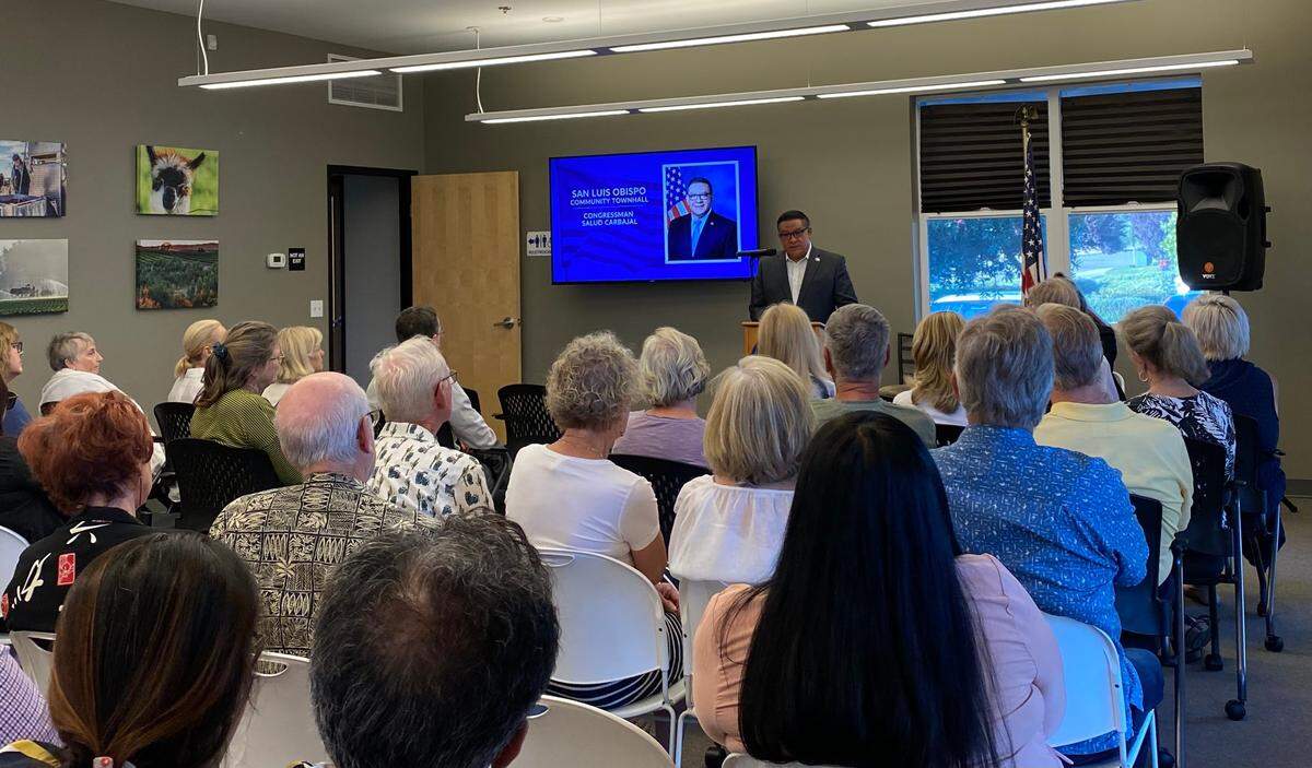 Rep. Salud Carbajal answers constituent questions at a town hall at the San Luis Obispo Farm Bureau meeting room on Thursday, Aug. 17, 2023.