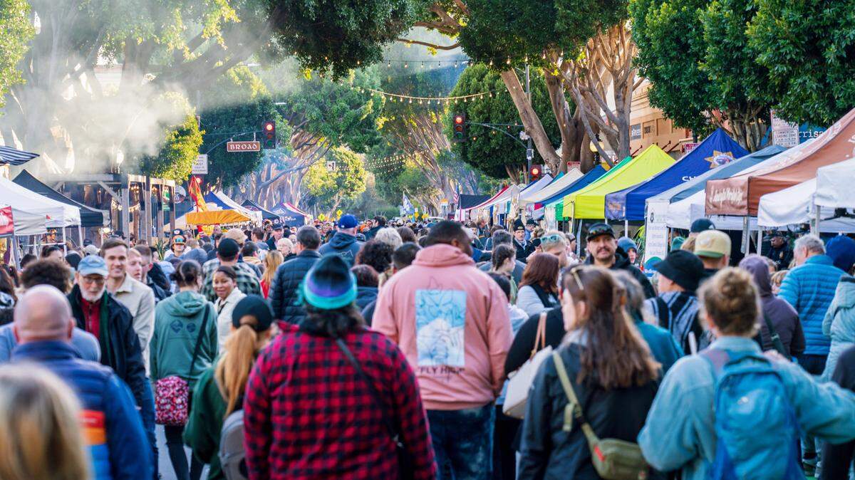 People walk through Farmers Market in San Luis Obispo.