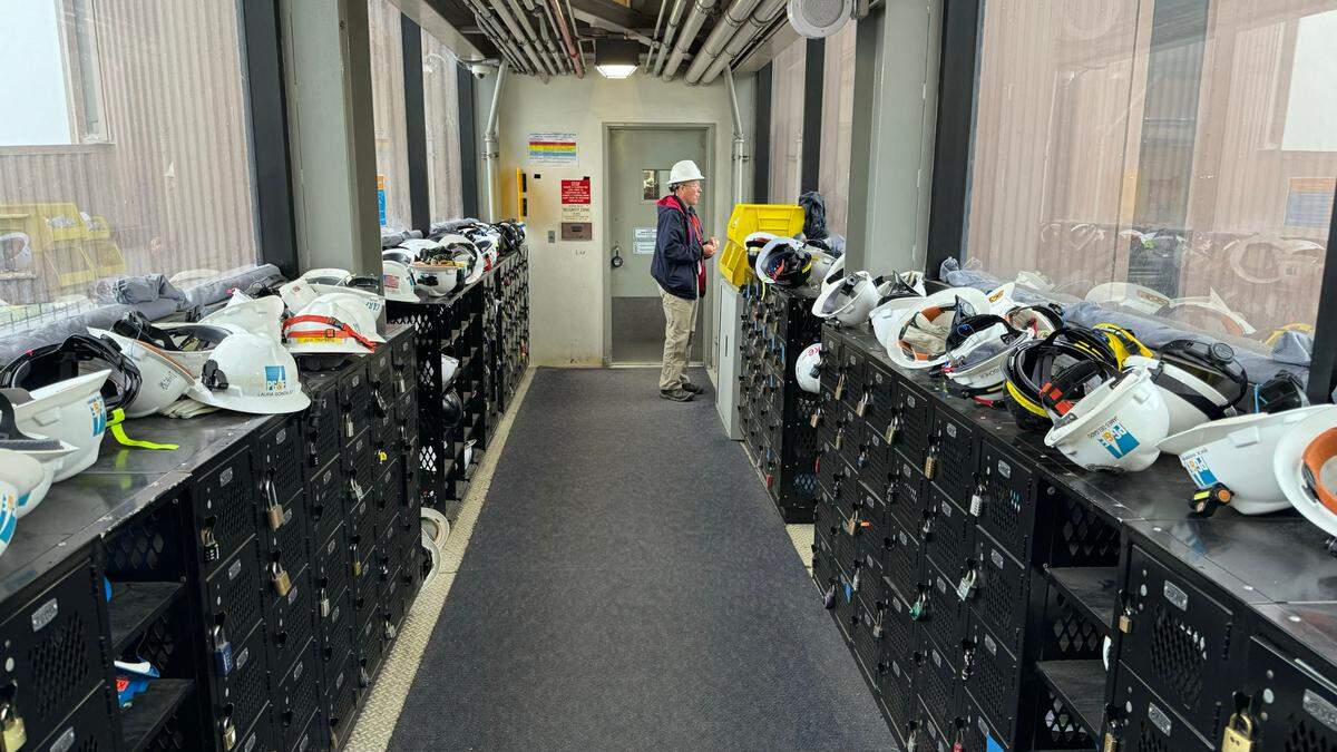 A corridor of lockers leads to the turbine building at Diablo Canyon nuclear power plant.