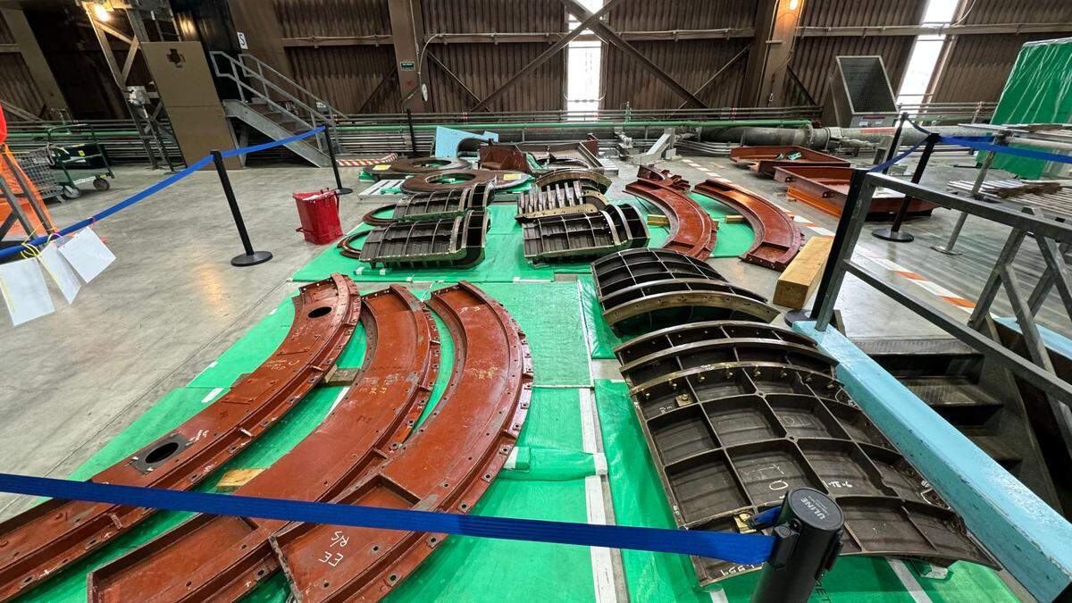 Parts are laid out on the floor of the Diablo Canyon nuclear power plant turbine building during Unit 2’s refueling outage in April 2024.