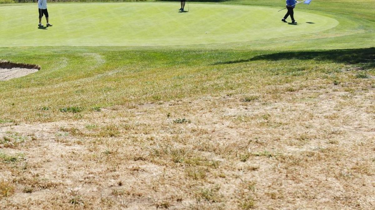 Tanny Koeppel, Louise McCoy and Mary Pollock, (from left) on the 11th green at Dairy Creek. The golf course is receiving less water for irrigation from the California Men’s Colony prison, which is causing much of the golf course to turn brown. Only the greens are watered regularly.