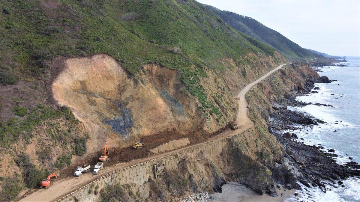 The Mill Creek Slide, pictured on Feb. 16, 2023, is one of three that have closed access to the Big Sur coast. Caltrans hopes to reopen this site on March 30.