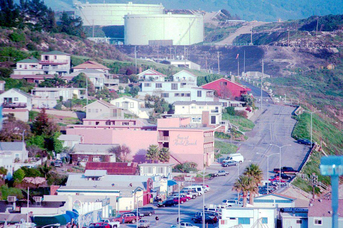 Front street in Avila Beach on March 20, 1998, before all the Union Oil tanks were demolished and the lower portion of Front Street was razed to remove oil contamination.