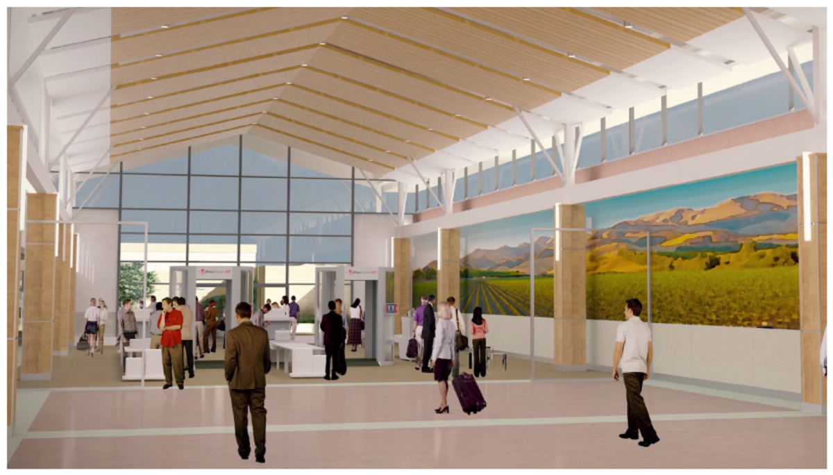 A promotional video for the new terminal at the San Luis Obispo County Regional Airport shows the use of two security checkpoints for travelers, but officials have told The Tribune that there are only plans for one line when it opens in October.