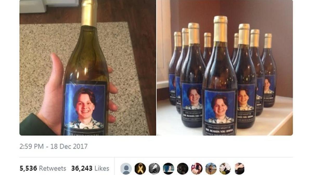 DJ Sommers tweeted photos of his parents’ gift to his brother’s teachers: wine with a new label and the message “Our child might be the reason you drink so enjoy this bottle on us!”