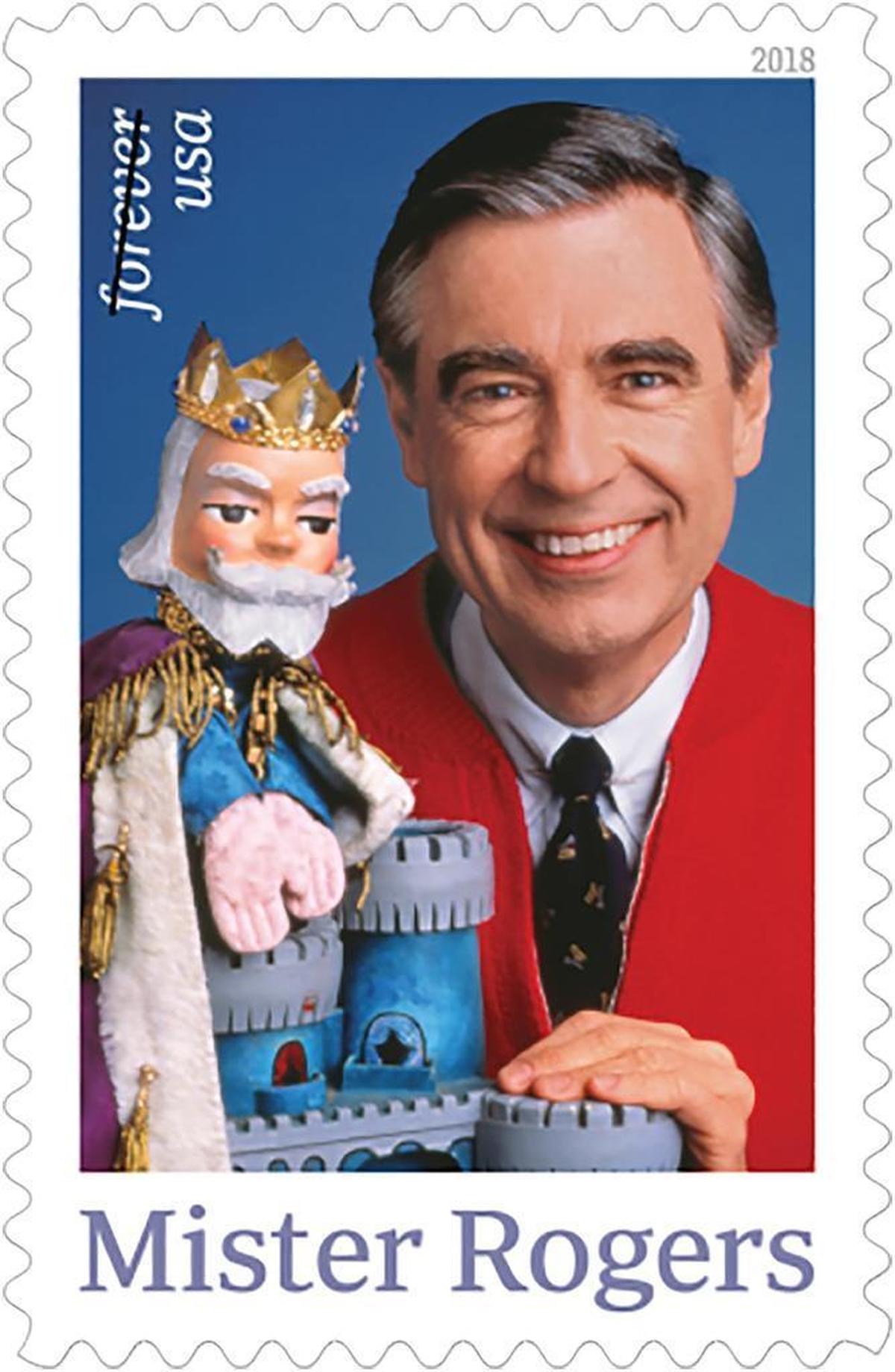 The USPS has given a sneak preview of some its 2018 stamps, with Fred Rogers — complete with iconic red cardigan and puppet King Friday XIII — featured prominently.