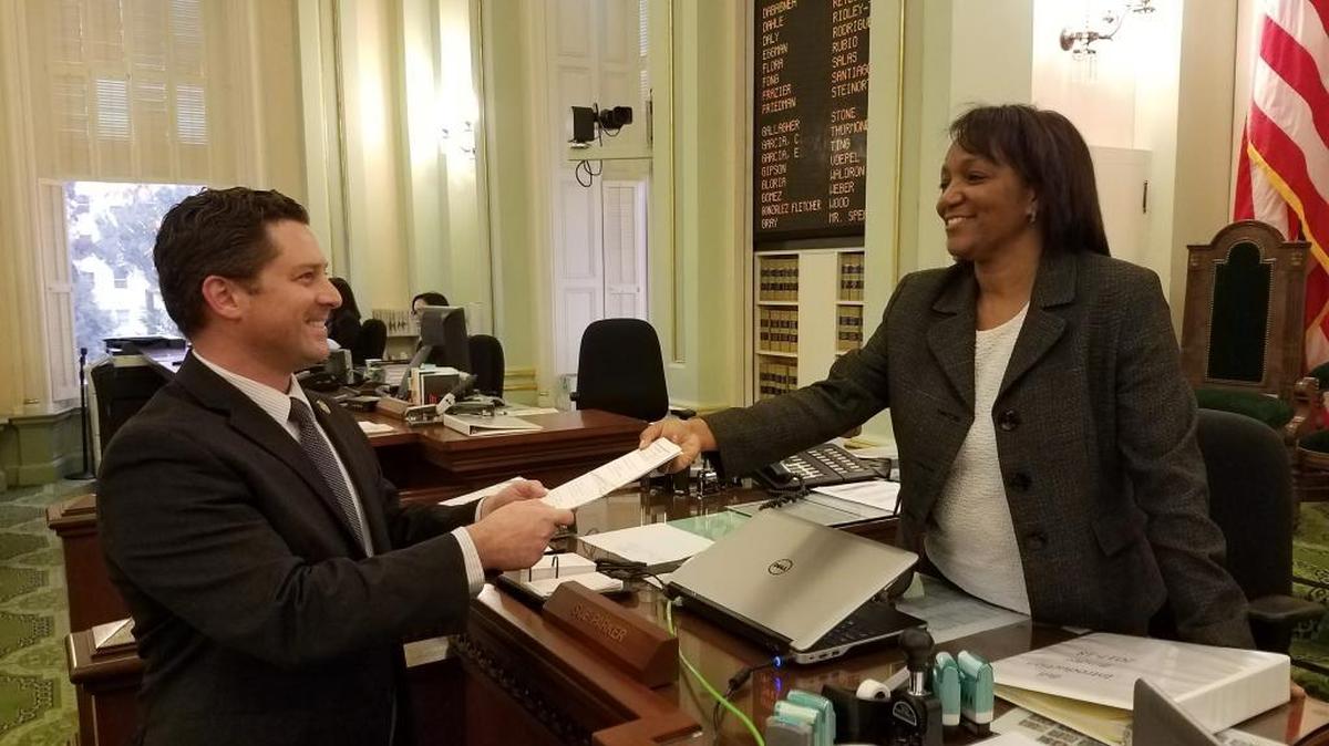 Assemblyman Jordan Cunningham submits his first piece of legislation Friday at the State Capitol. The bill seeks to establish a permanent Career Technical Education fund and was co-authored by Democratic Assemblyman Patrick O’Donnell of Long Beach.