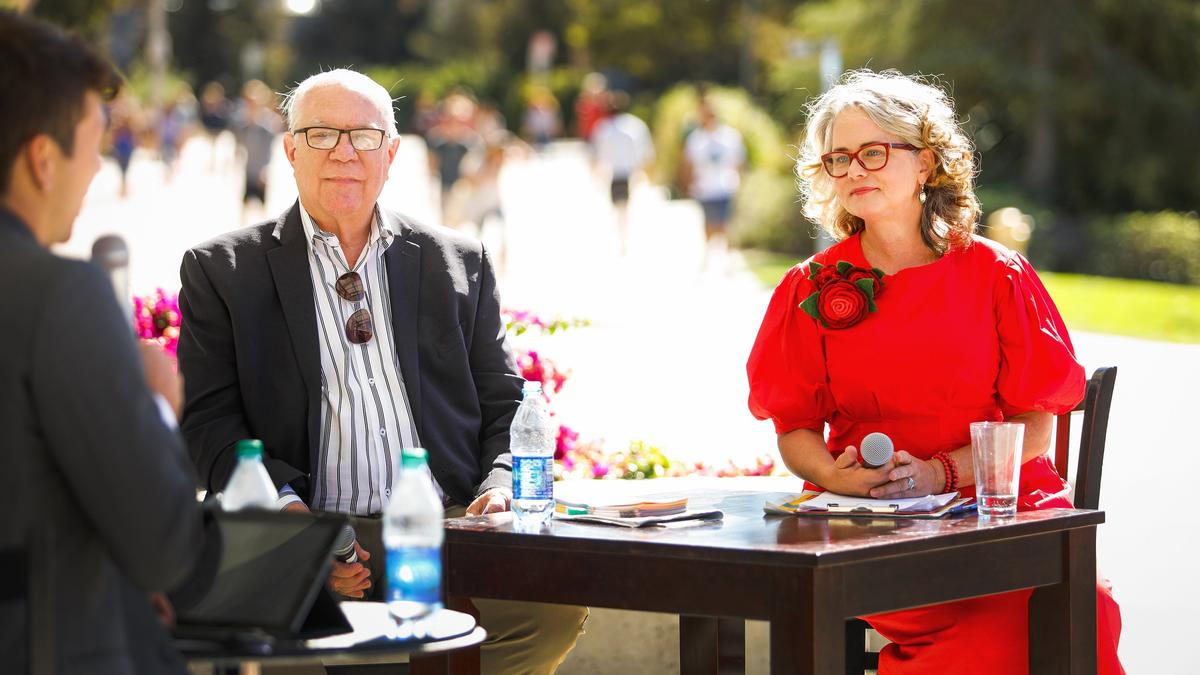 San Luis Obispo mayoral candidates T. Keith Gurnee and Heidi Harmon take part in a debate at Cal Poly hosted by Cal Poly’s Mustang Media Group before Tuesday’s election. Harmon won a second term as San Luis Obispo mayor.