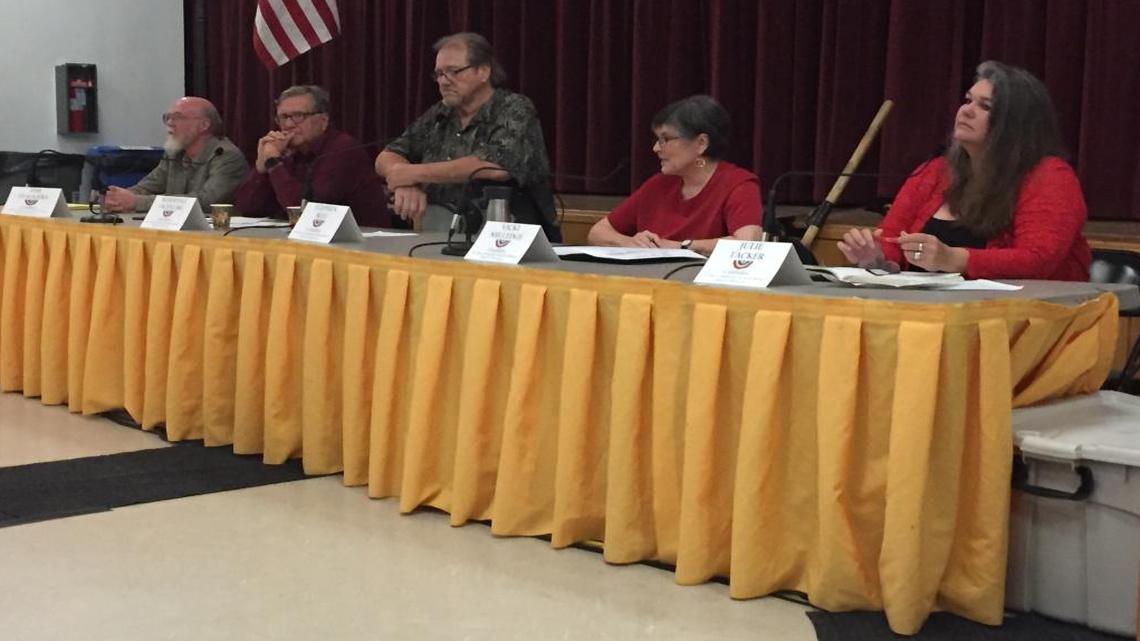 Los Osos Community Services District candidates (left to right) Tim Staggers, Marshall Ochylski, Steve Best, Vicki Milledge and Julie Tacker answer questions at a forum Thursday hosted by the League of Women Voters.