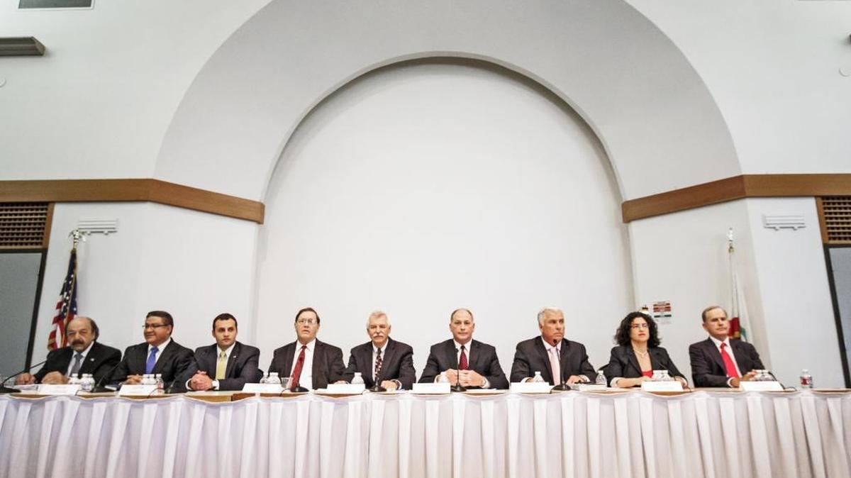 The nine candidates for the 24th District congressional seat are, from left: Katcho Achadjian, Salud Carbajal, Justin Fareed, Steve Isakson, Matt Kokkonen, Benjamin Lucas, William Ostrander, Helene Schneider and John Uebersax. They faced off during a debate Thursday at Cuesta College.