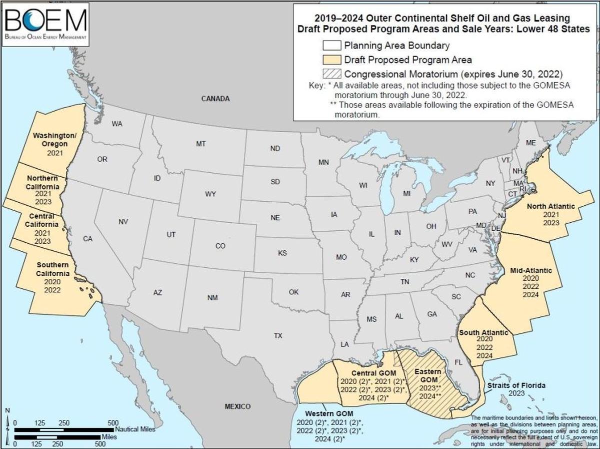 Areas of federal offshore oil reserves proposed for drilling between 2019 and 2024 under a plan announced this month by the U.S. Department of the Interior.