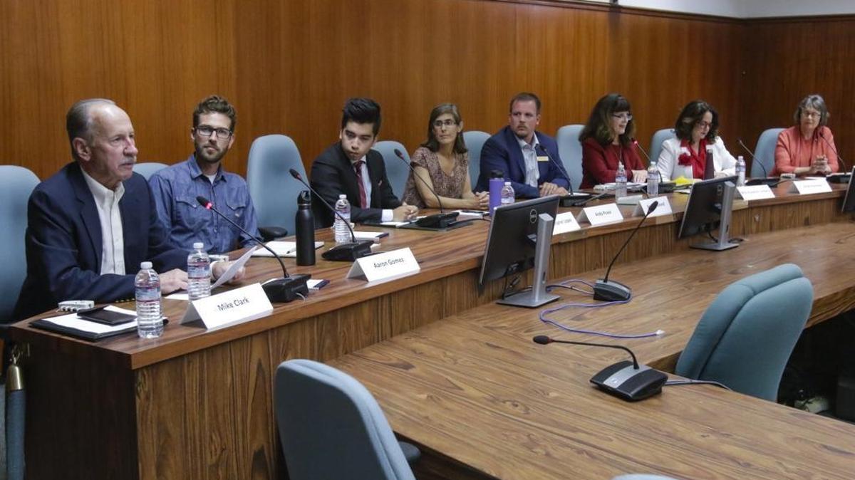 SLO’s City Council and mayor candidates met Tuesday evening for a forum held by the League of Women Voters. From the left are Mike Clark, Aaron Gomez, Christopher D. Lopez, Andrea “Andy” Pease, Brett Strickland, Mila Vujovich-La Barre, Heidi Harmon and Jan Marx.