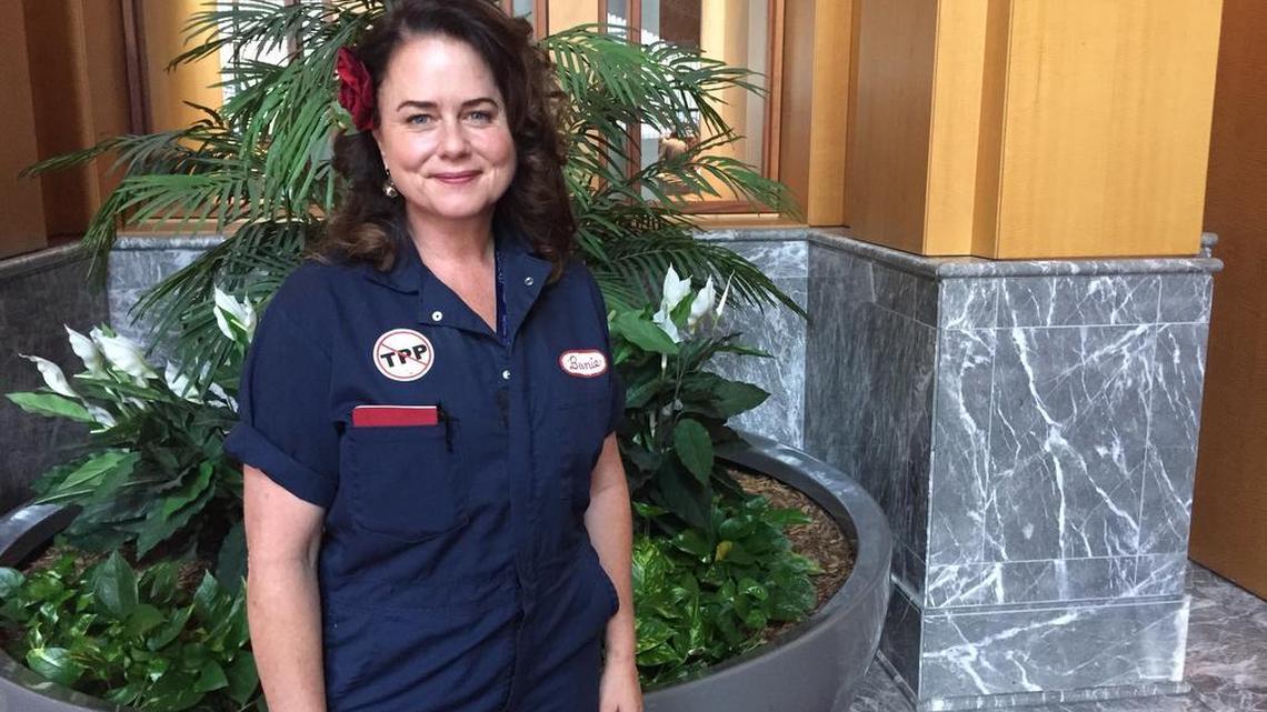 Delegate Heidi Harmon of San Luis Obispo wore blue coveralls with a “Bernie” name tag and a patch opposing the Trans-Pacific Partnership, a pending Pacific Rim trade deal opposed by both Bernie Sanders and Hillary Clinton.