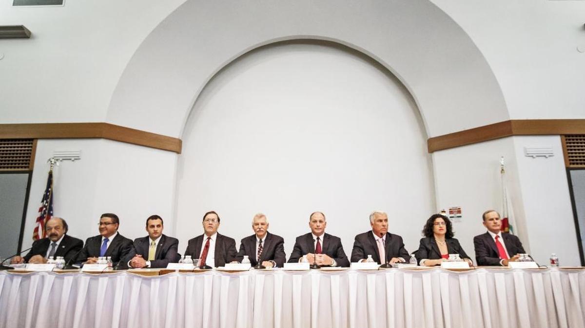 The nine candidates for the 24th District congressional seat Katcho Achadjian, left, Salud Carbajal, Justin Fareed, Steve Isakson, Matt Kokkonen, Benjamin Lucas, William Ostrander, Helene Schneider and John Uebersax during their debate at Cuesta College in April.