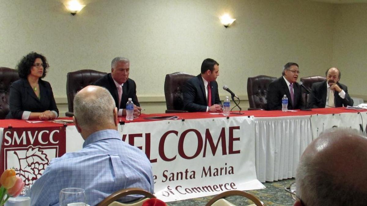 Candidates for the 24th Congressional District participated in a forum Friday in Santa Maria. Pictured from left are Santa Barbara Mayor Helene Schneider, William Ostrander, Justin Fareed, Santa Barbara County First Disttrict Supervisor Peter Adam and Assemblyman Katcho Achadjian.