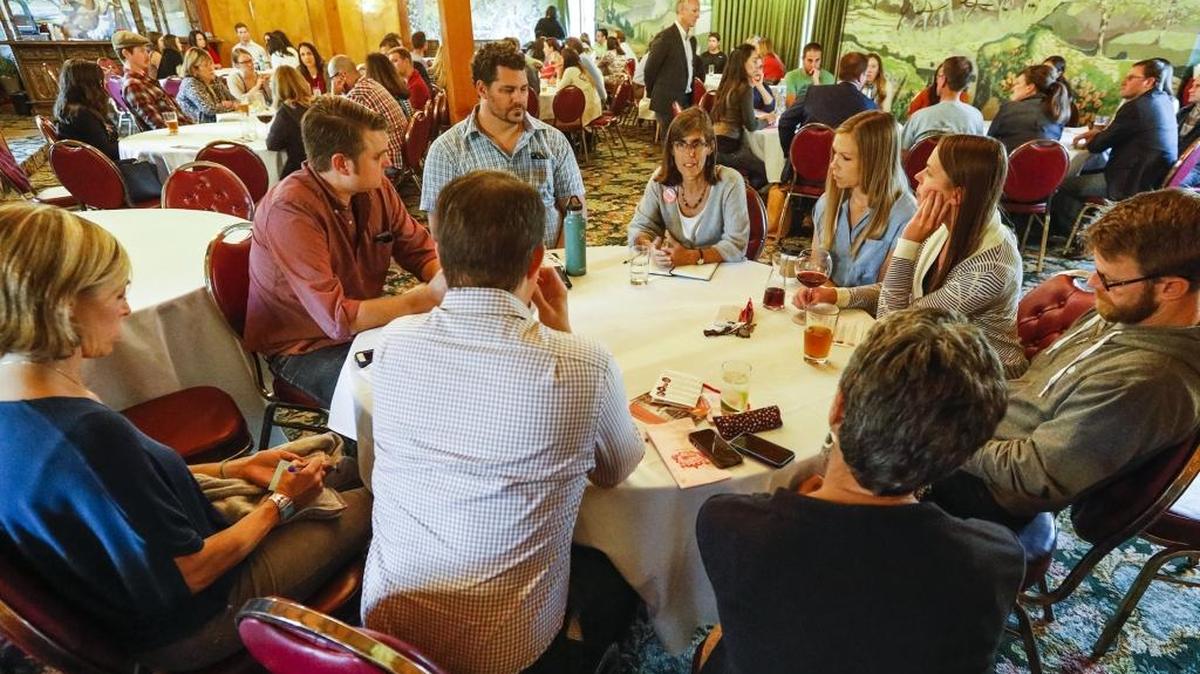 The candidates for San Luis Obispo City Council and mayor meet with the SLO Under 40 group during a roundtable forum conducted Thursday at the Madonna Inn.