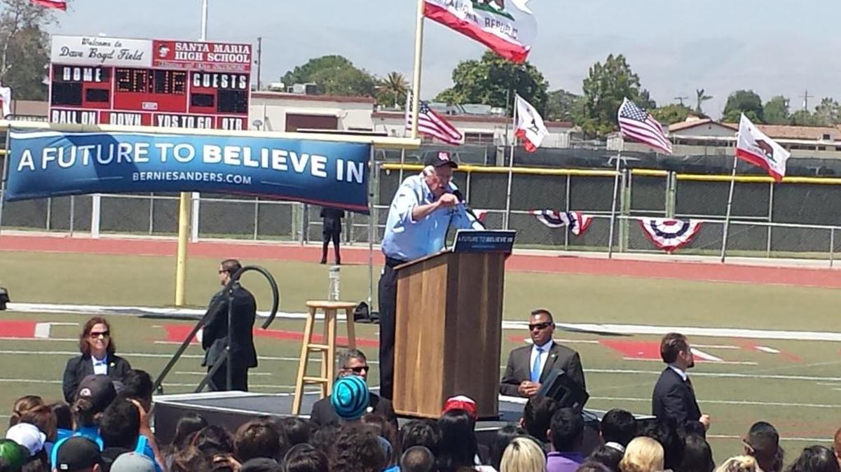 Democratic presidential candidate Bernie Sanders speaking to about 7,500 people at Santa Maria High School during a campaign rally on Saturday, May 28, 2016.