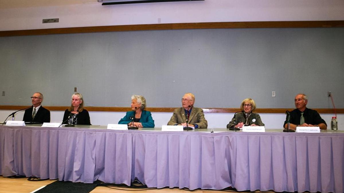 Jamie Irons, left, Tina Metzger, Betty Winholtz, Robert “Red” Davis, Marlys McPherson and Richard Sadowski take part in a mayor and City Council debate Monday evening in Morro Bay.