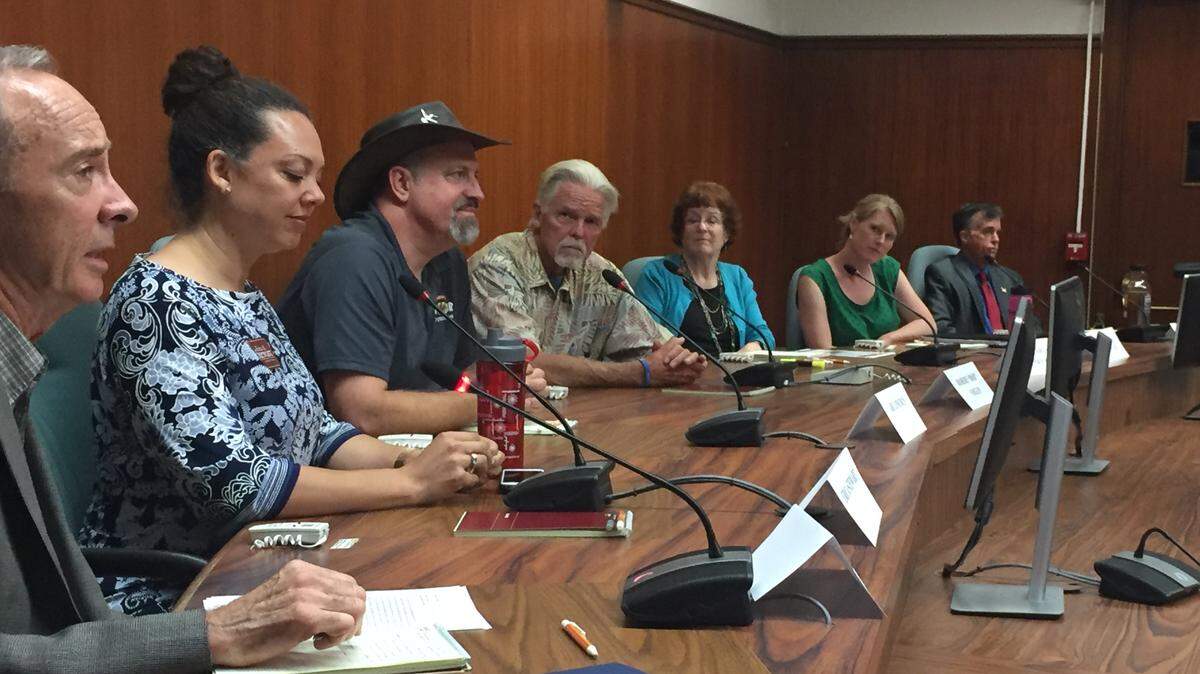 From left to right, SLO City Council candidates James Lopes, Erica Stewart, Abe Lincoln, Bob Voglin, Carlyn Christianson, Sarah Flickinger and Jeff Specht face off at a candidate’s forum in 2018. The next SLO mayor and potentially an open city council seat will be decided at an Oct. 5 meeting.