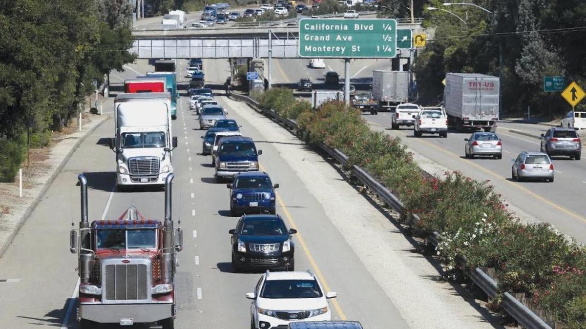 Traffic on Highway 101 through San Luis Obispo. The Legislature has instructed Caltrans and other transportation officials to set up a nine-month test to see what it would be like if drivers paid for state road repairs based on how many miles they drive in their cars or trucks rather than how many gallons they buy at the pump.