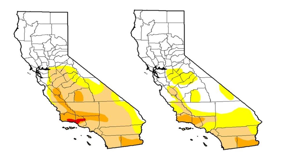 The map provided by the U.S. Drought Monitor on February 21, 2017, right, shows San Luis Obispo County in an “abnormally dry” state. The map on the left is California’s drought status as of February 7. 2017.