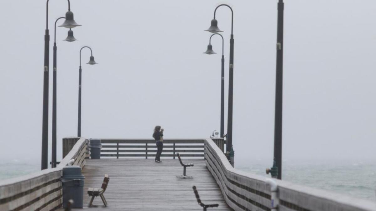 In this file photo, a gray blustery day kept most tourists off the pier in Cayucos except for this woman who took her dog out to the end.